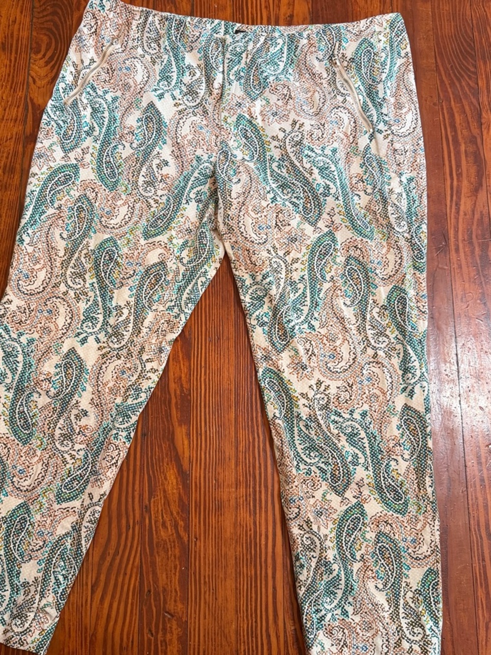 Zara Cream Paisley Ankle Pants with Teal and Brown Accents